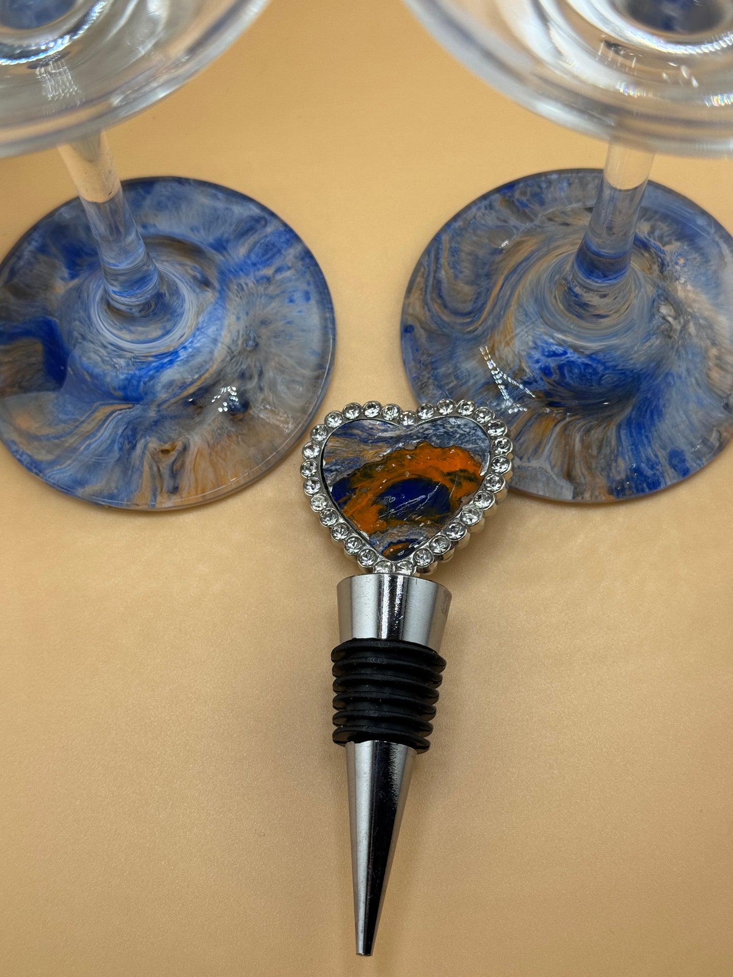 Flare Wine Glasses and Wine Bottle Stopper-Blue/Orange/White