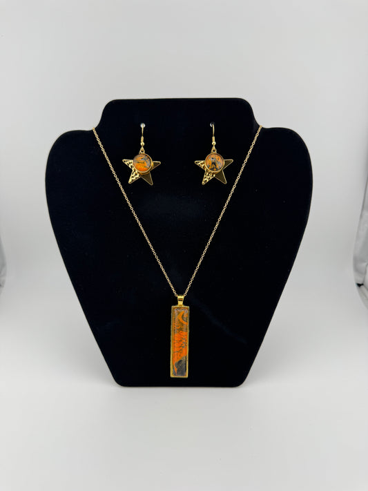 Orange/Back and Gold Necklace with Star Earrings
