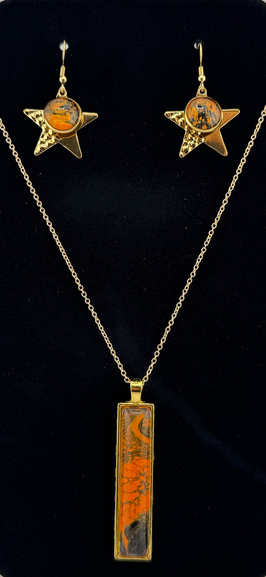 Orange/Back and Gold Necklace with Star Earrings