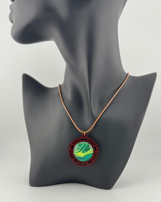 Cats Eye Green/Yellow Wooden Necklace