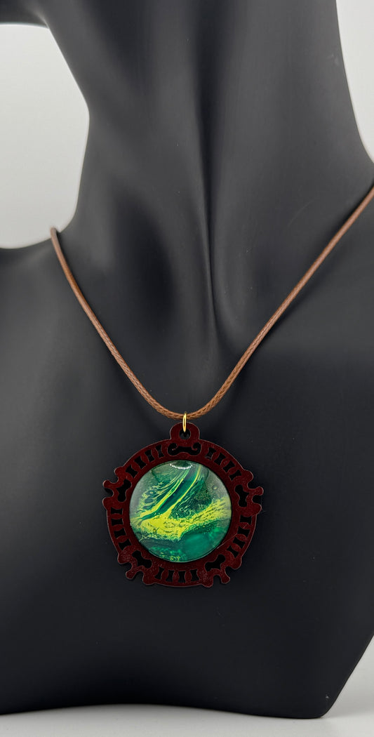 Cats Eye Green/Yellow Wooden Necklace