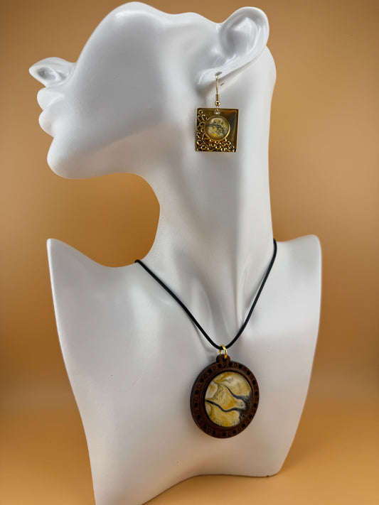 Yellow Fork Wooden Necklace and Earrings