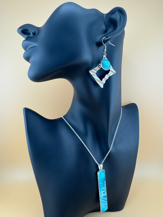 Boho Teal/White Slim Necklace and Earrings