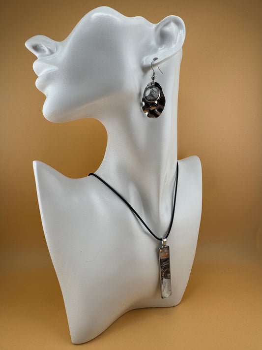 Boho Tan/White/Black Slim Necklace and Earrings Set