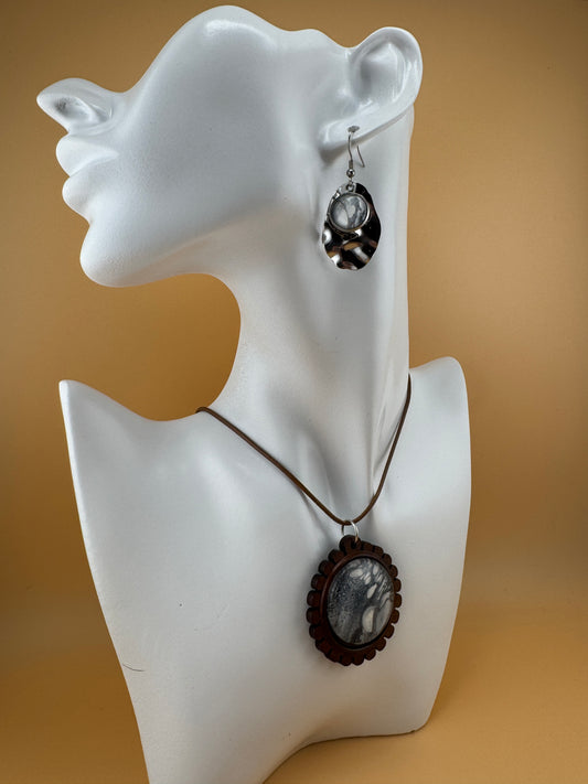 Gray Bubbles Wooden Necklace and Earrings