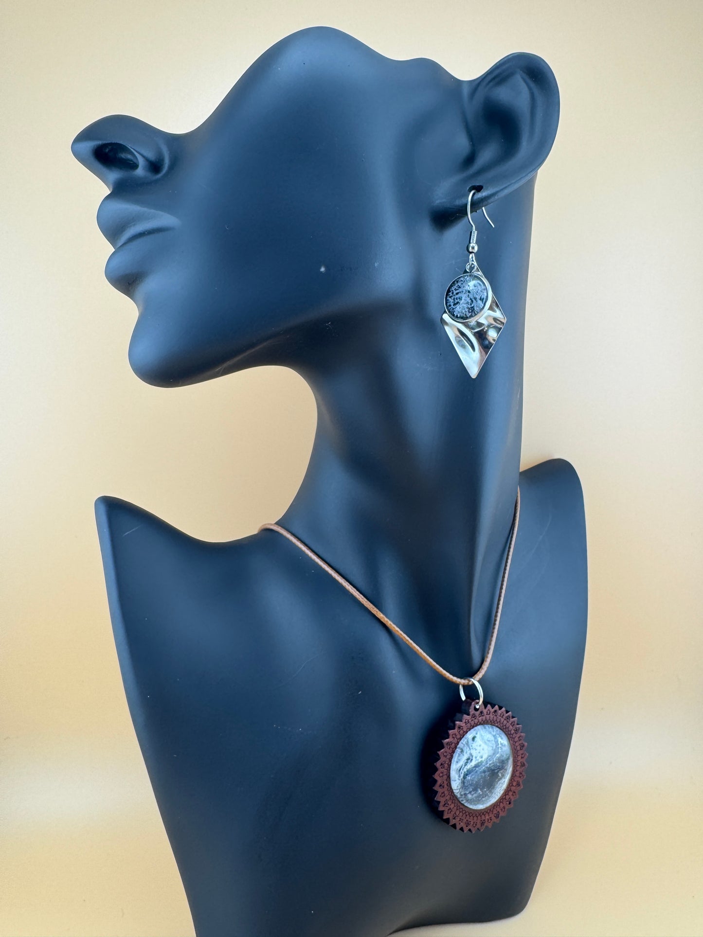 Black White Wooden Necklace and Earrings