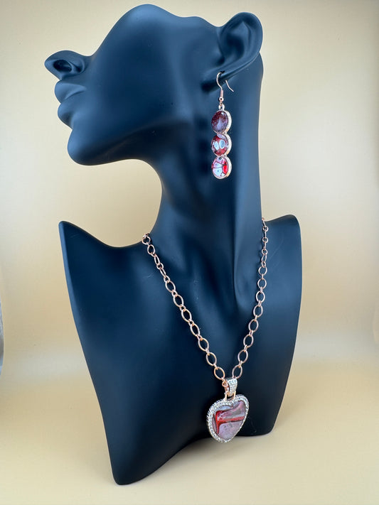 Pink/Red Flare Crystal Necklace and Earrings in Rose Gold
