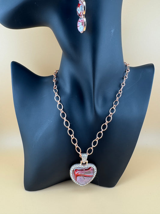 Pink/Red Flare Crystal Necklace and Earrings in Rose Gold