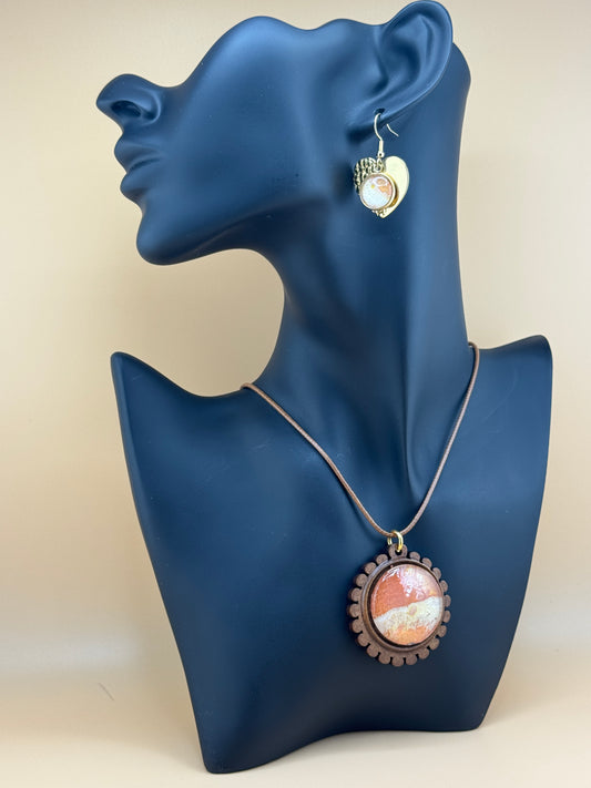 Copper/White Wooden Necklace with Heart Earrings