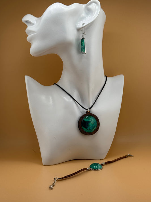 Teal Wave Wooden Necklace/Earring/Bracelet Set
