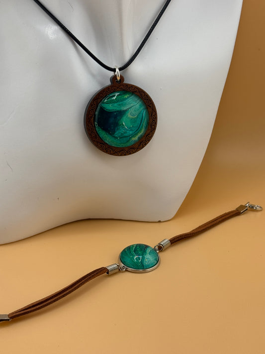 Teal Wave Wooden Necklace/Earring/Bracelet Set