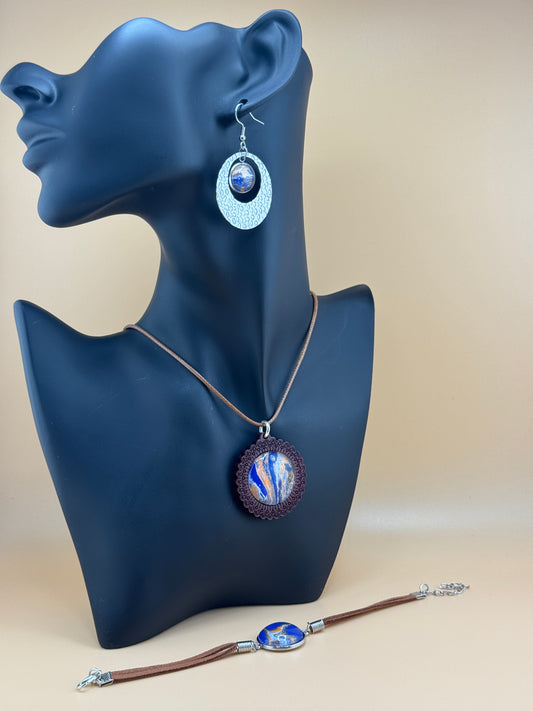 Orange/Blue Wooden Necklace/Earring/Bracelet Set