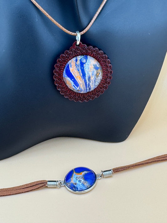 Orange/Blue Wooden Necklace/Earring/Bracelet Set