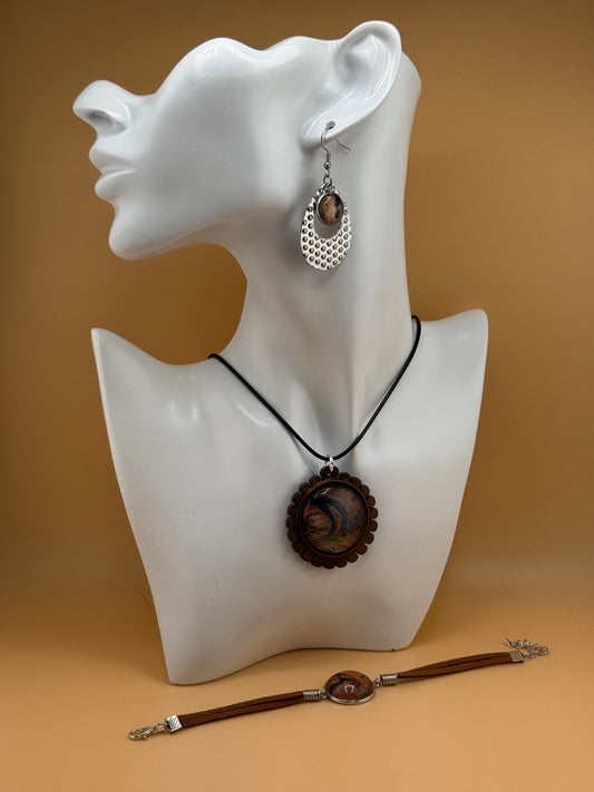 Copper/Black Wooden Necklace/Earring/Bracelet Set