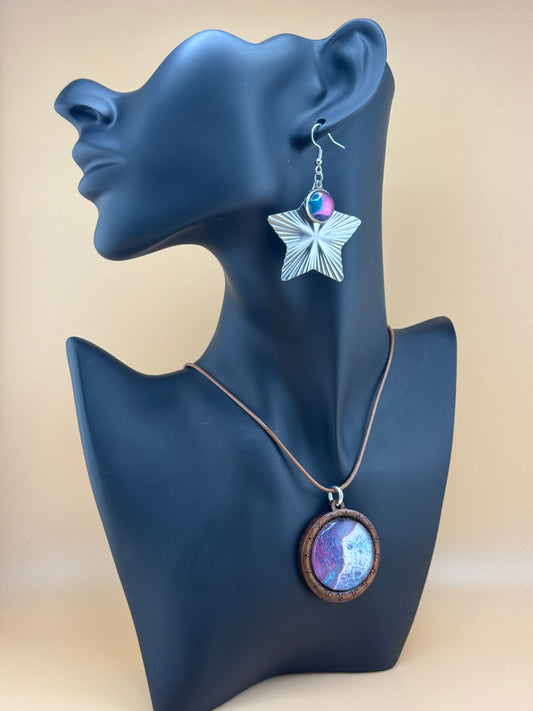 Purple Divide Wooden Necklace and Earring Set