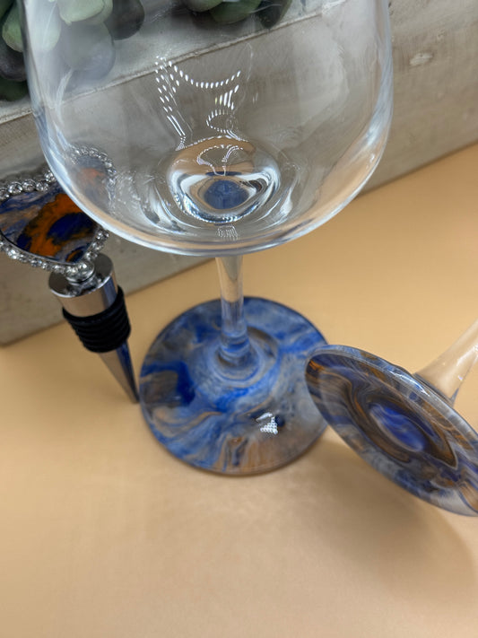 Flare Wine Glasses and Wine Bottle Stopper-Blue/Orange/White