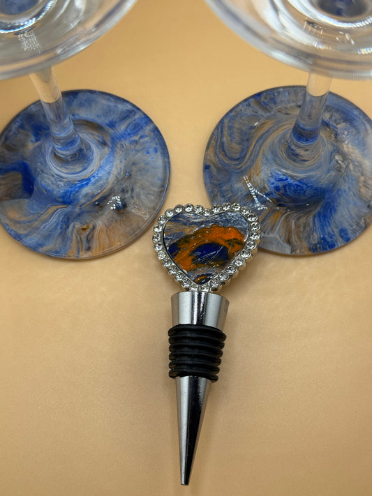 Flare Wine Glasses and Wine Bottle Stopper-Blue/Orange/White