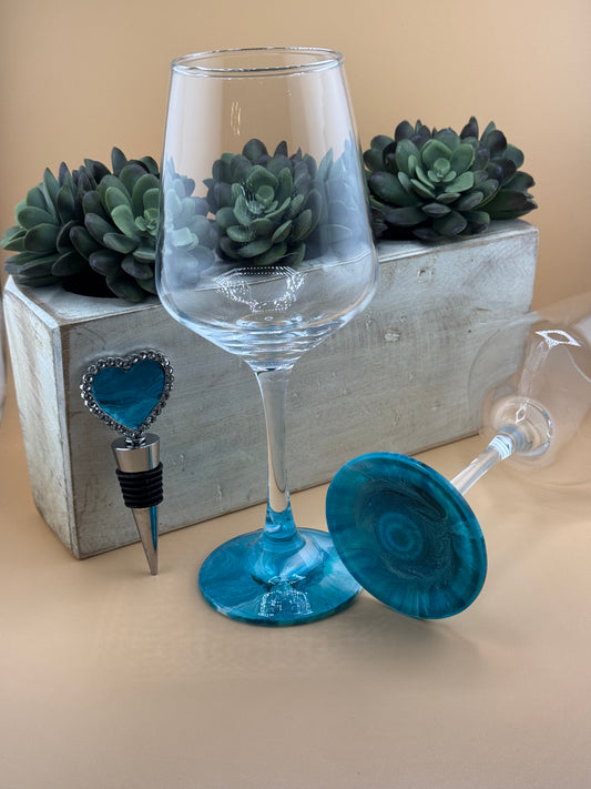 Flare Wine Glasses and Wine Bottle Stopper-Teal Blue