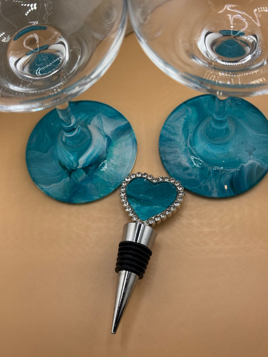 Flare Wine Glasses and Wine Bottle Stopper-Teal Blue